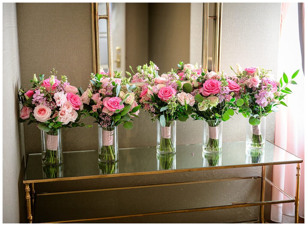 pink, green and white wedding bouquets