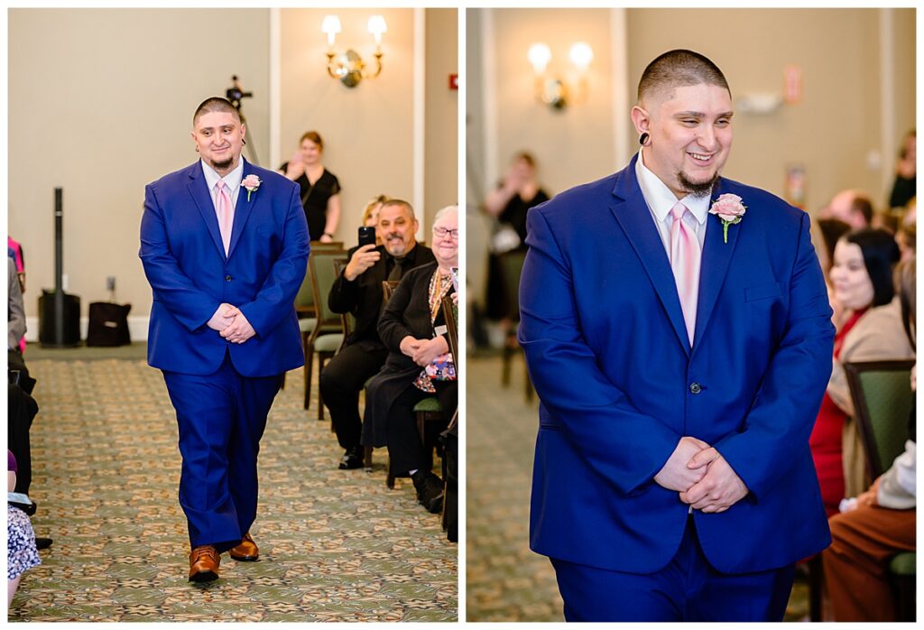 groom walking down isle at charter oak country club ceremony