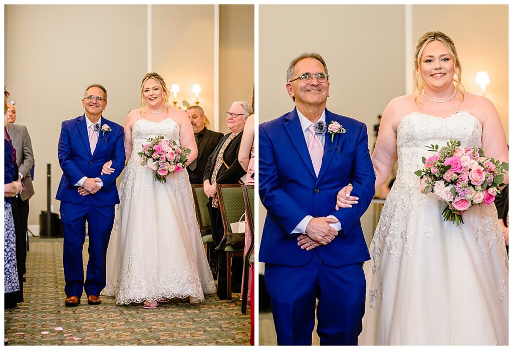 bride and father walking down isle at charter oak country club ceremony