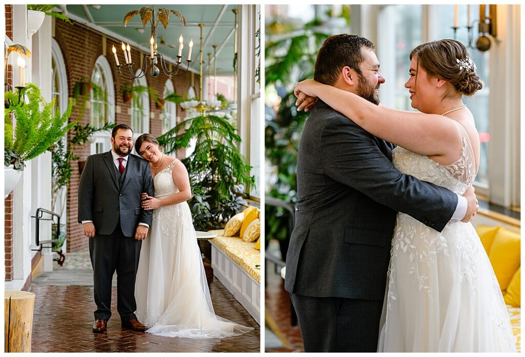 Bride and Groom photos at Hotel Northampton atrium