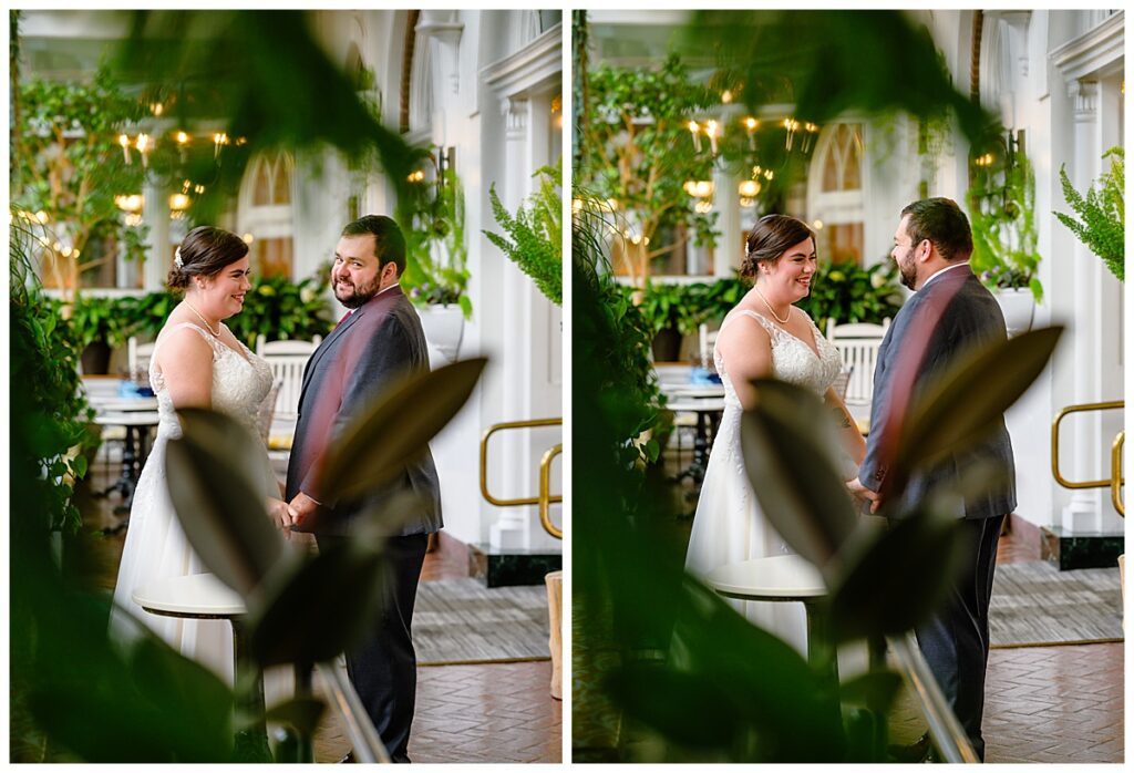 Bride and Groom photos at Hotel Northampton atrium