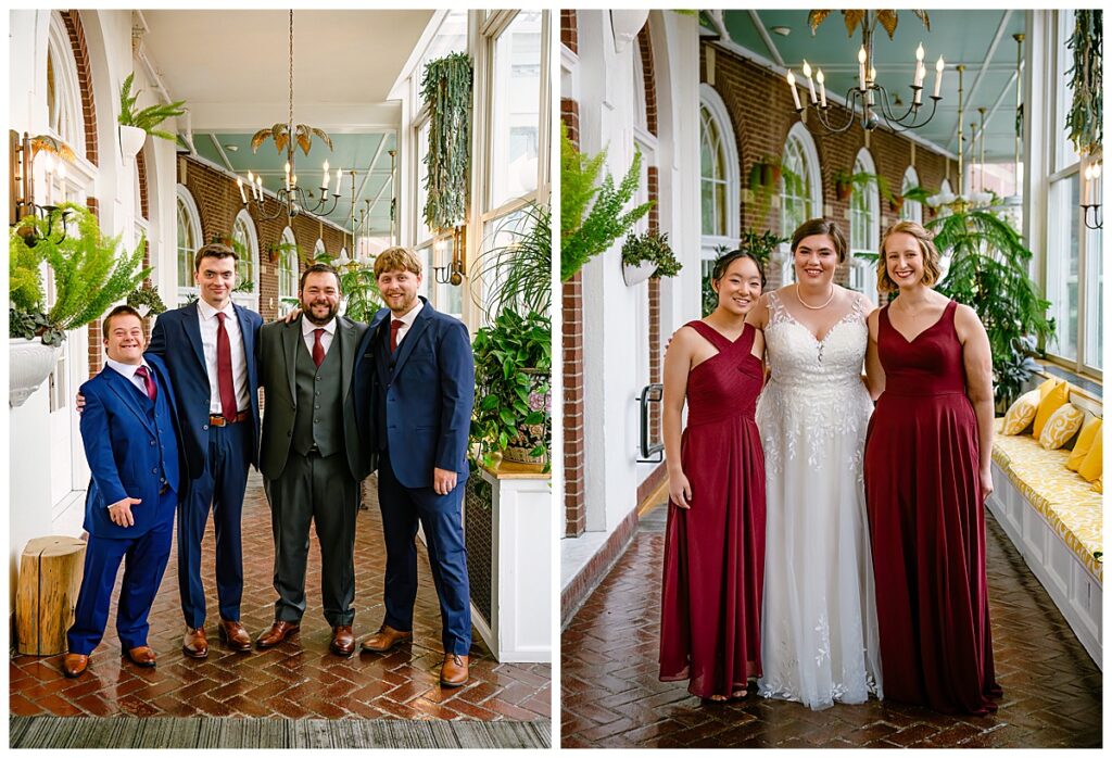 bridal party photos at Hotel Northampton atrium