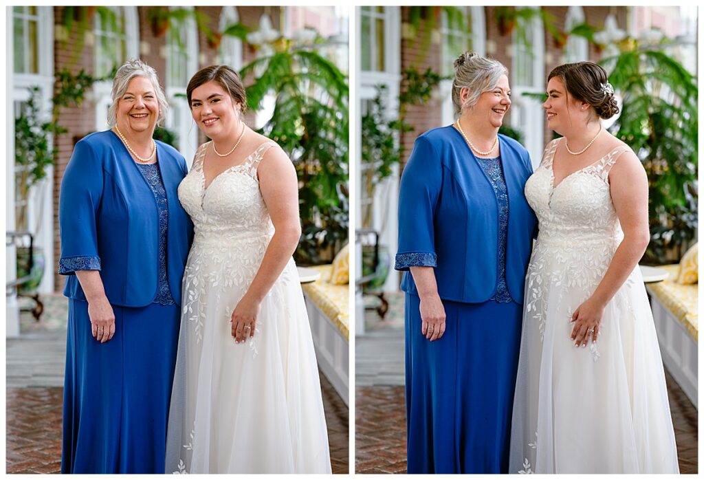 bride and mom at Hotel Northampton atrium