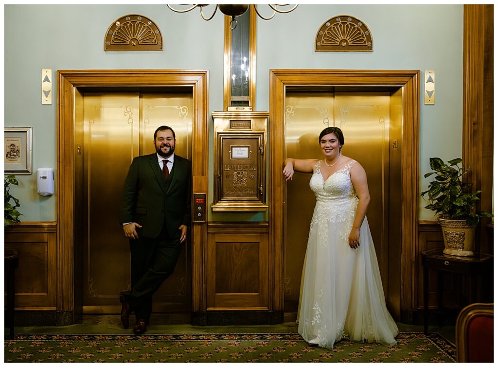 bride and groom photos at Hotel Northampton elevator