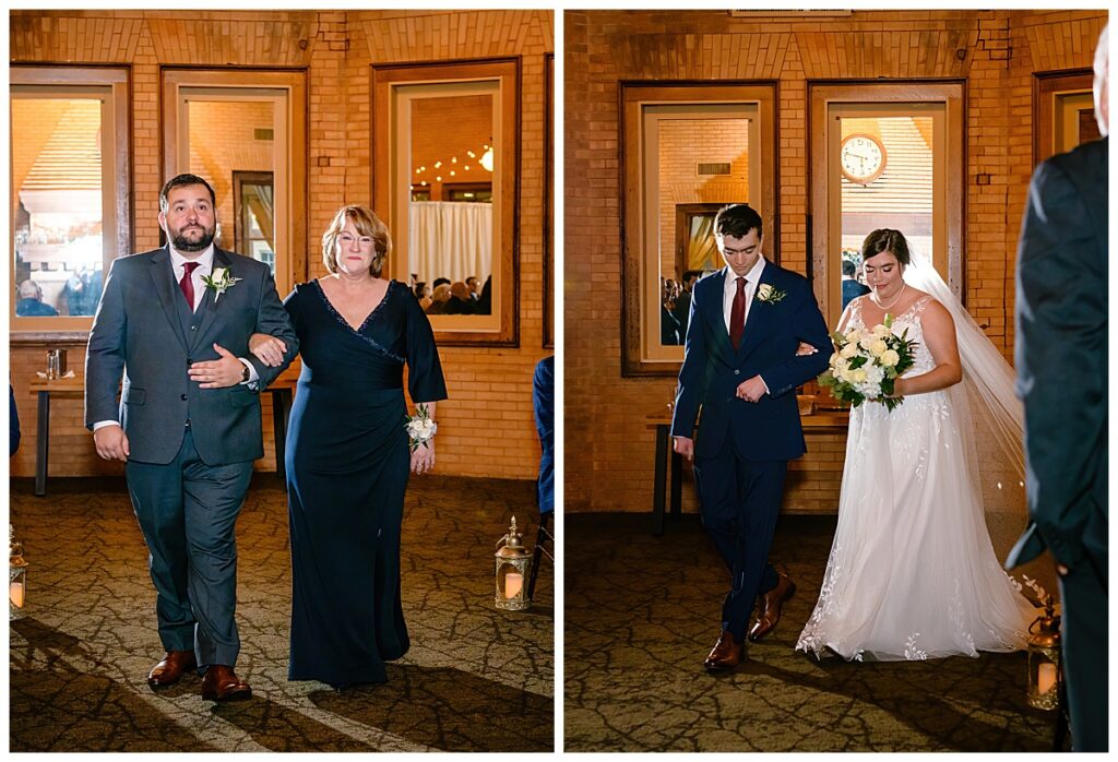 groom and bride walking down aisle at Union Station Banquets