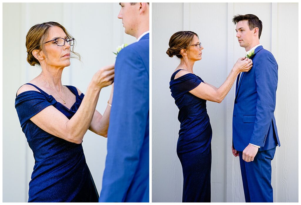 mom putting flower on son