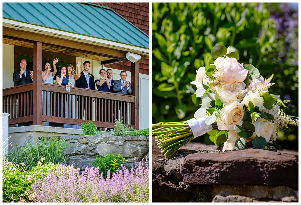 family cheering after first look and bridal bouquet