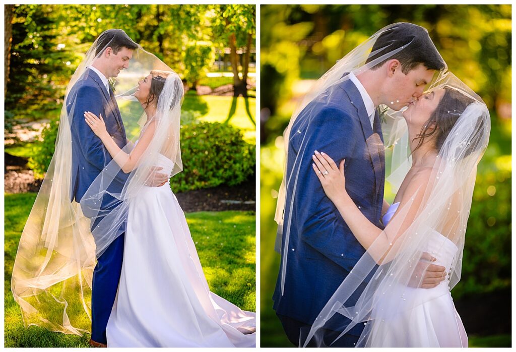 bride and groom under veil