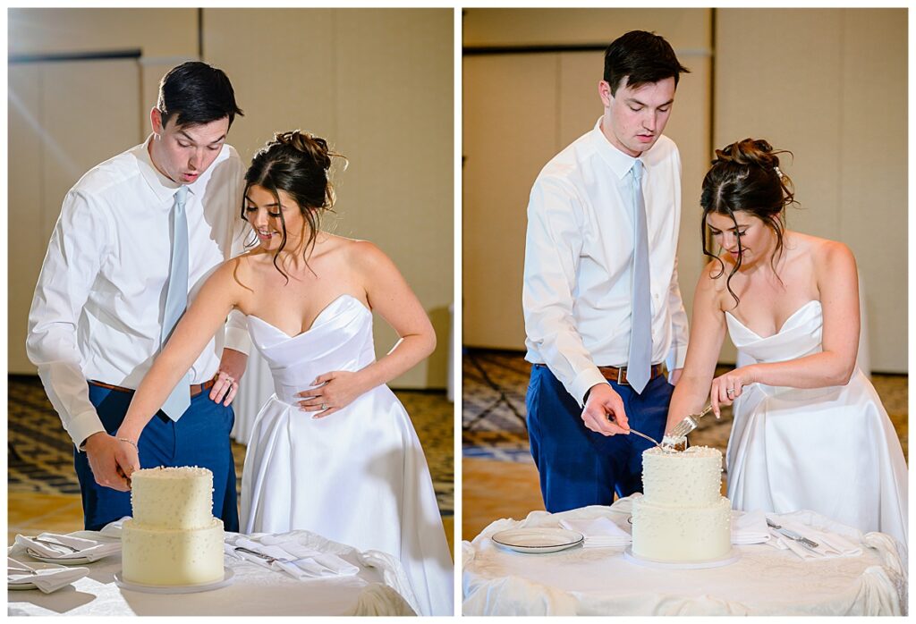 bride and groom cutting cake