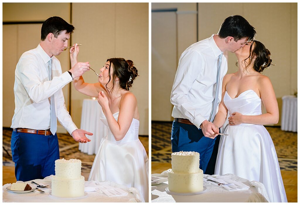 bride and groom cutting cake