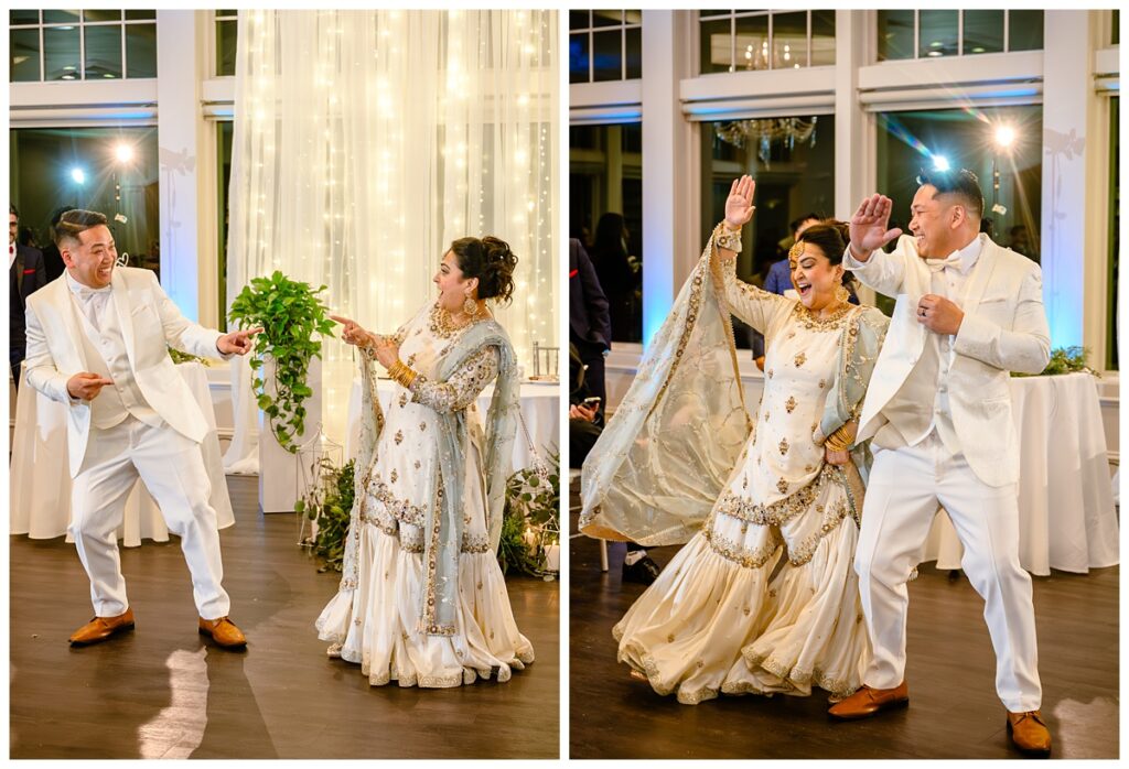 Couple wowing their guests with a fully choreographed first dance during their wedding reception at Four Oaks Country Club