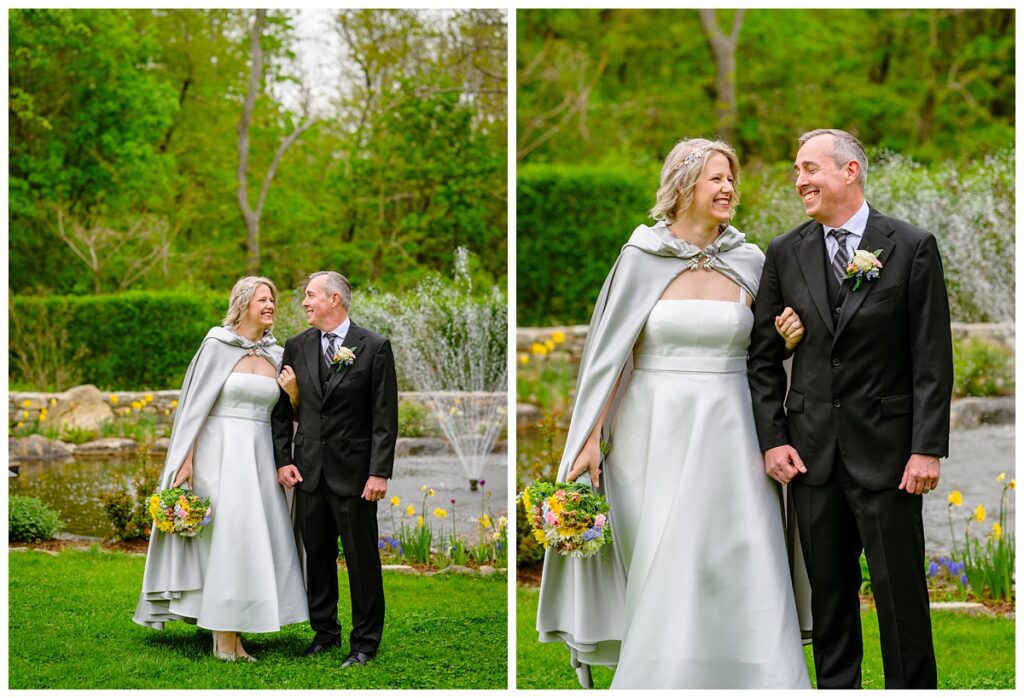 Bride and Groom walking arm and arm at the Sagamore Inn's Gardens
