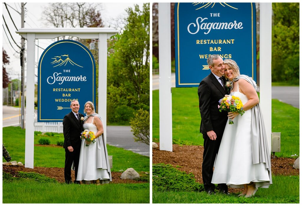 bride and groom in front of Sagamore Inn sign in Sandwich MA