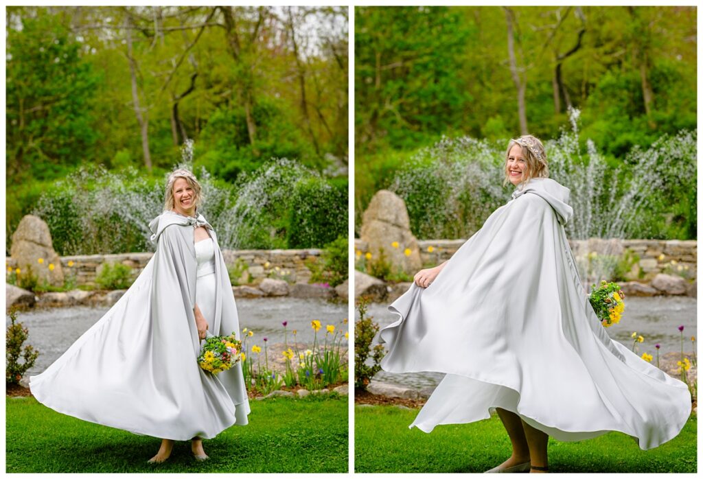 bride twirling in custom silver cape after cape cod elopement