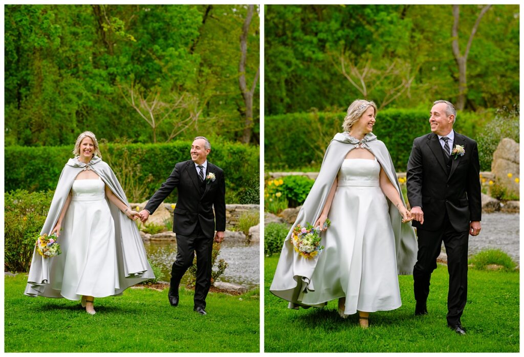 bride and groom walking hand in hand in Sagamore Inn's gardens