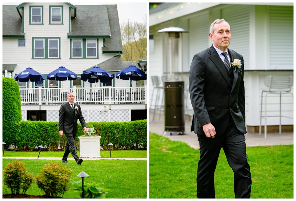 groom walking down isle at Sagamore Inn, cape cod elopement