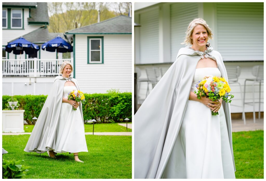bride to walking down isle at Sagamore Inn, cape cod elopement
