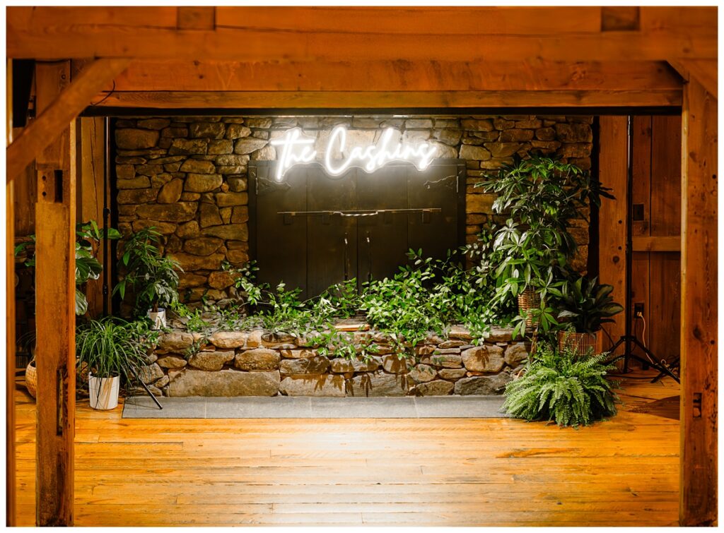 neon sign over fireplace