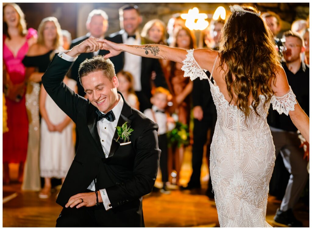 bride and groom dancing at barn on the pemi wedding