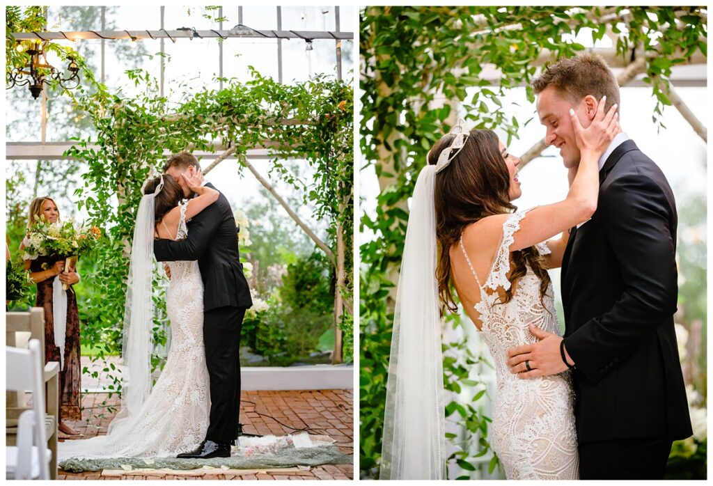 first kiss at barn on the pemi wedding ceremony greenhouse