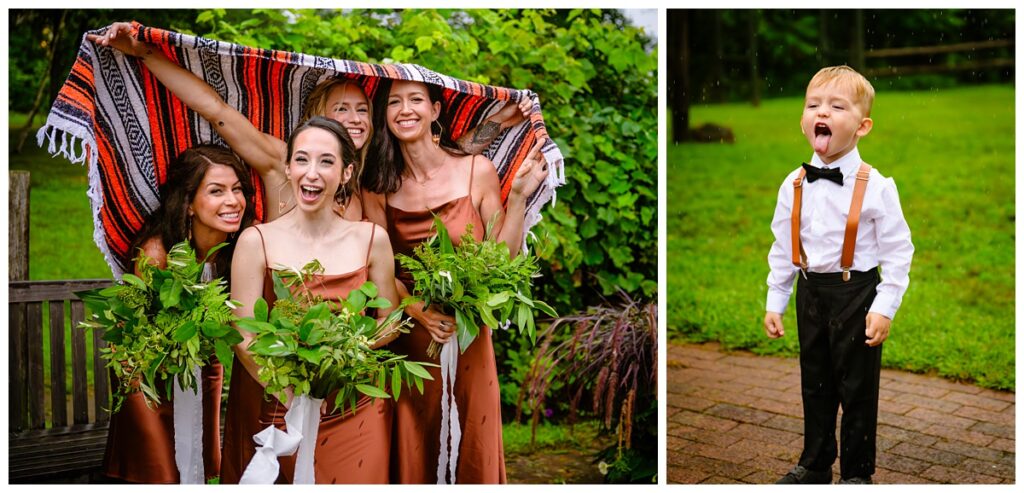 bridesmaids and ring bearer in rain at barn on the pemi