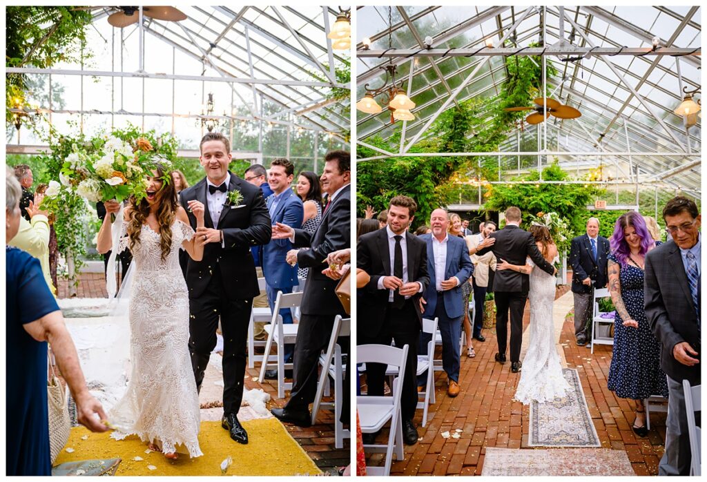 couple walking down isle at barn on the pemi wedding ceremony greenhouse