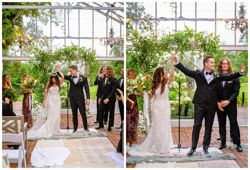 couple celebrating at barn on the pemi wedding ceremony greenhouse