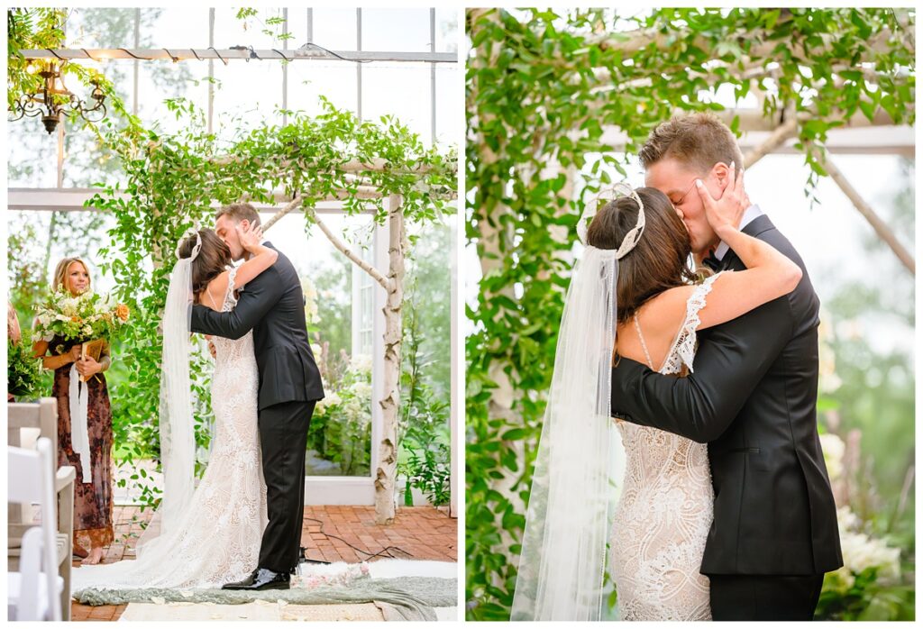 first kiss at barn on the pemi wedding ceremony greenhouse