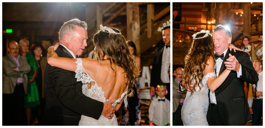 bride dancing with dad at barn on the pemi wedding