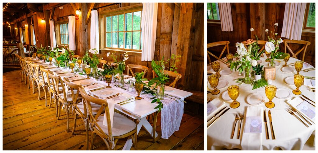 tables set up for barn on the pemi wedding