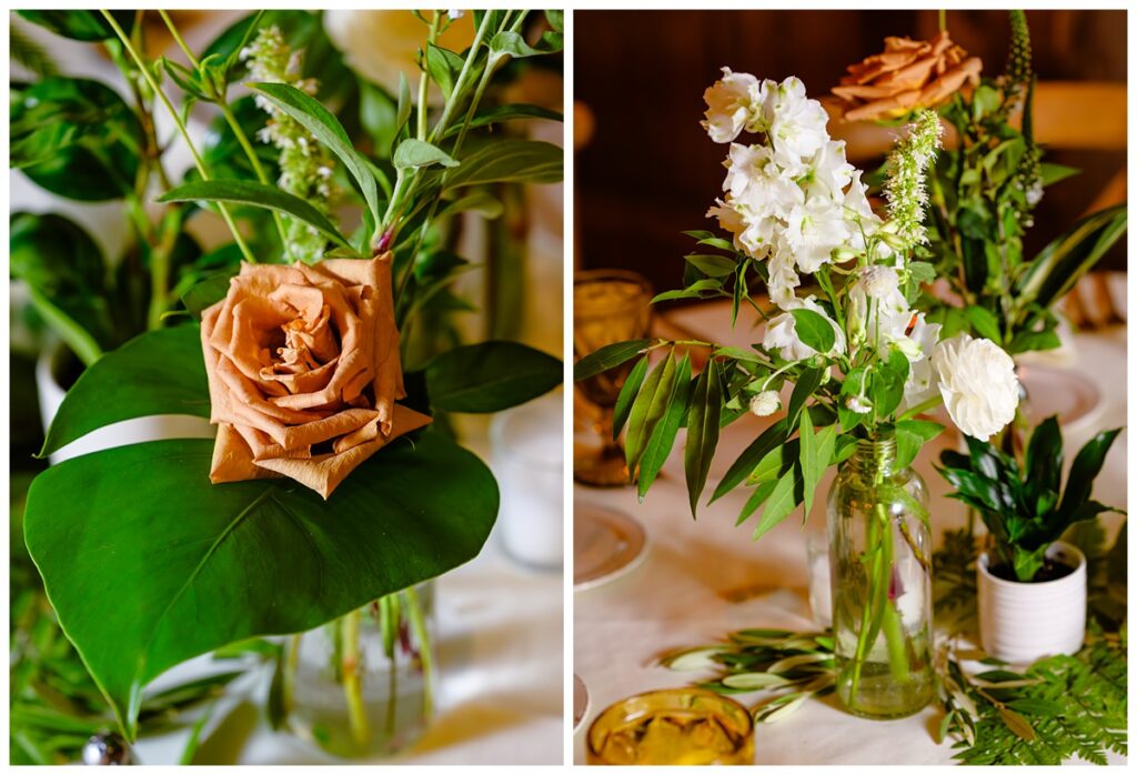 table decor flowers at barn on the pemi