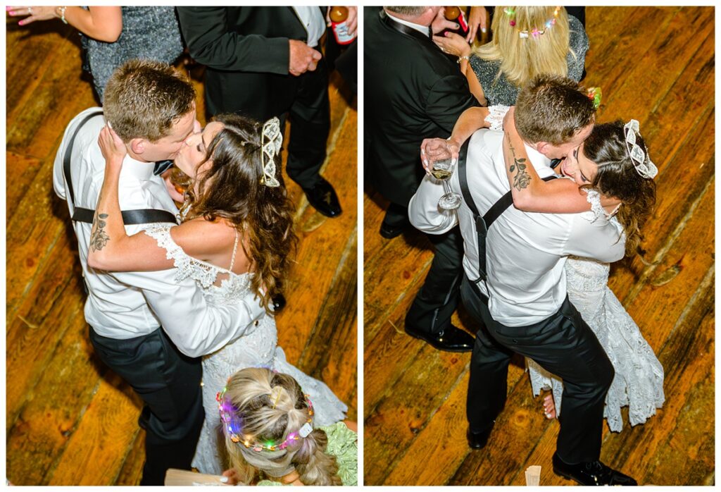 bride and groom dancing on packed dance floor at barn on the pemi wedding